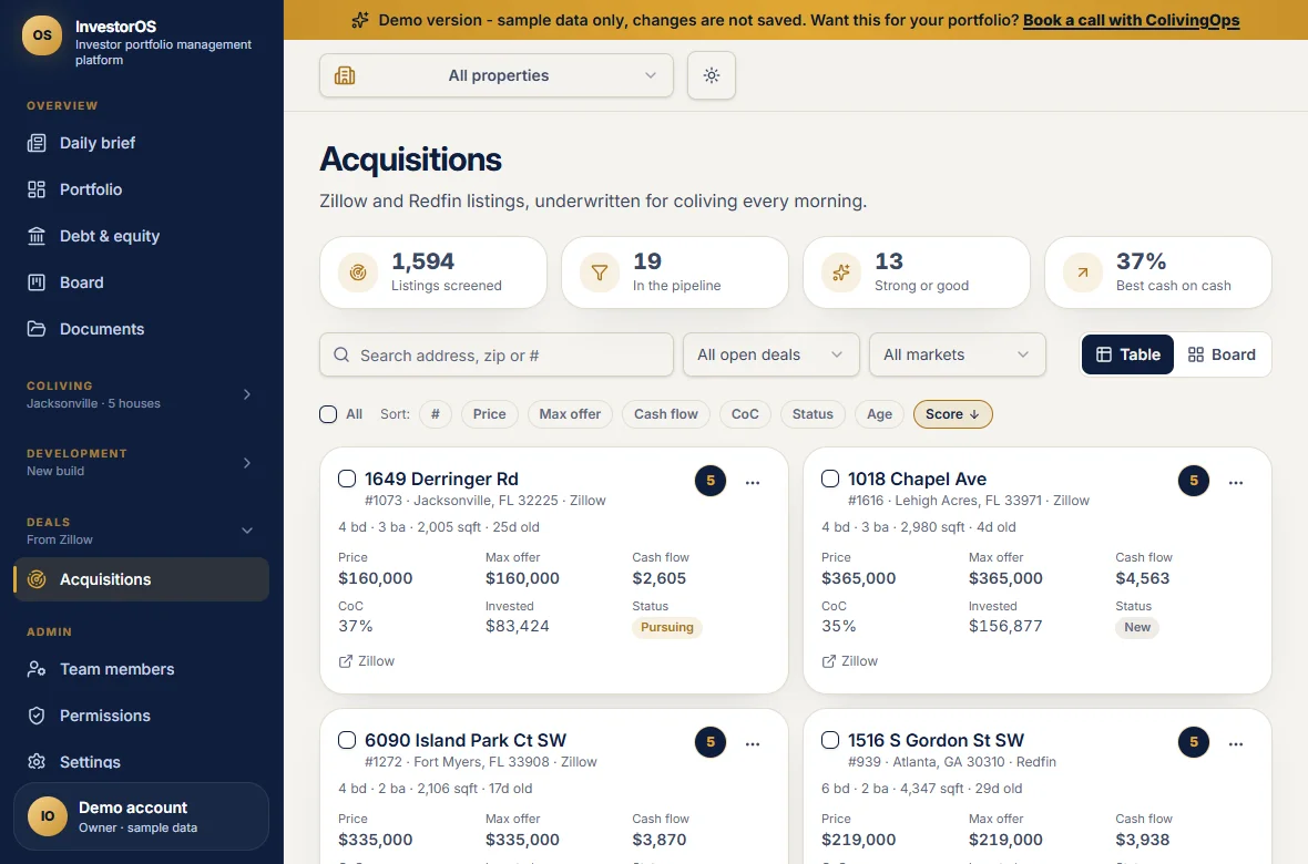 InvestorOS demo acquisitions pipeline with Zillow and Redfin listings scored against a buy box, showing price, max offer, cash flow, and cash on cash return.