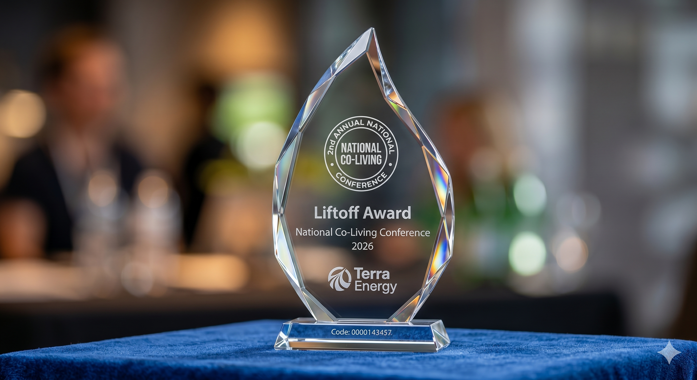 Liftoff Award glass trophy from the 2026 National Co-Living Conference